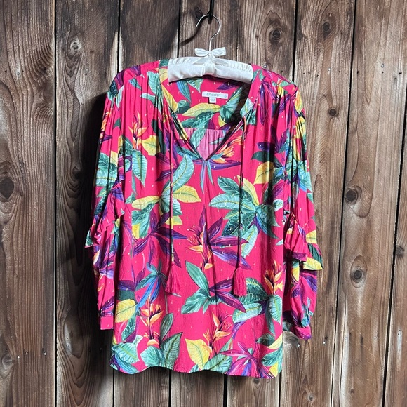 Chico’s Hot Pink Tropical Floral Clip Dot Ruffle Blouse Sparkly V-Neck Sz3/Sz16 - Picture 2 of 13